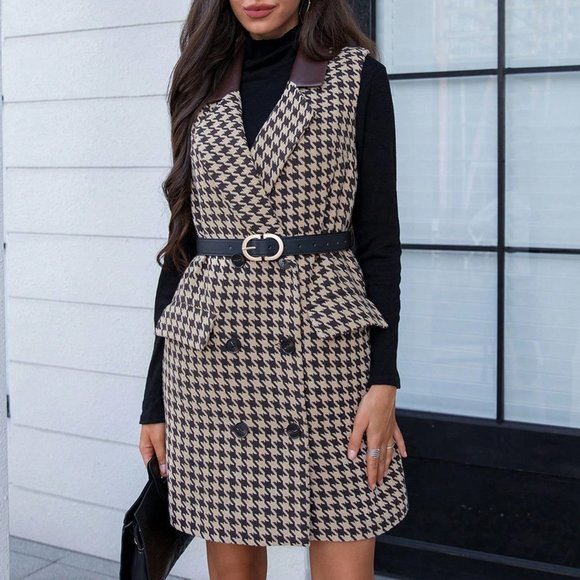 Houndstooth Print Double Breasted Belted Vest Overcoat Brown - Picture 1 of 6
